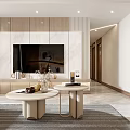 Modern Living and Dining Room With Beige Sofa Coffee Tables Round Chandelier Area Rug