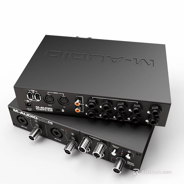 Black Stacked Headphone Audio Devices With Multiple Ports And Control Knobs 3d model 