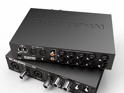 Black Stacked Headphone Audio Devices With Multiple Ports And Control Knobs 3d model