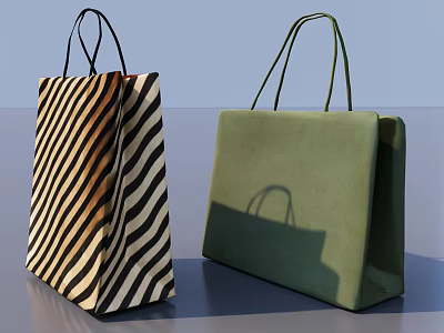 Fashionable Shopping Bags With Black And White Striped And Green Solid Color Design 3d model