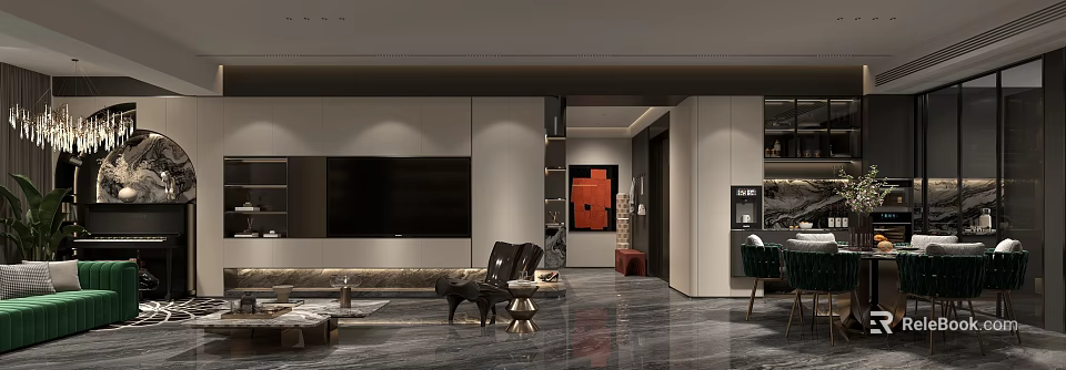 Modern Living And Dining Room Interior With Sofa TV Wall Artwork And Marble Floor 3d model 