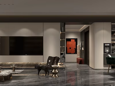 Modern Living And Dining Room Interior With Sofa TV Wall Artwork And Marble Floor 3d model