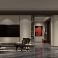 Modern Living And Dining Room Interior With Sofa TV Wall Artwork And Marble Floor