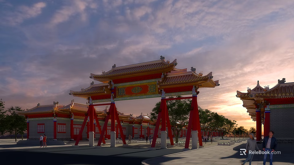 Traditional Chinese Memorial Archway With Red Pillars And Eaves 3d model 