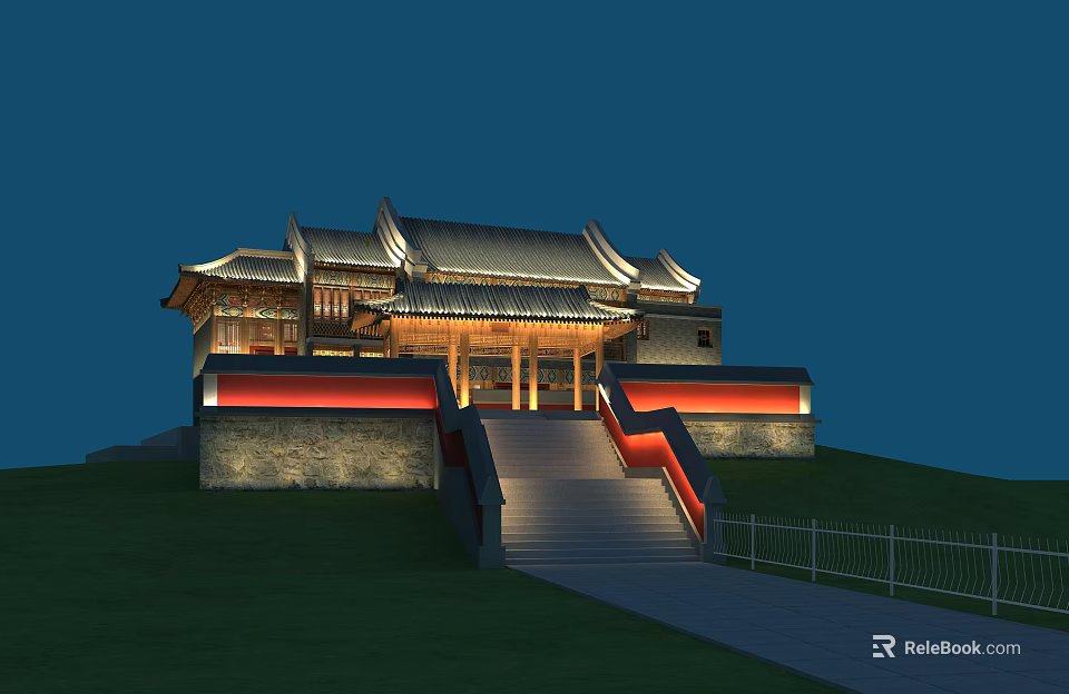 Traditional Ancient Architecture Featuring Overhanging Eaves Illuminated At Night With Stone Steps And Grassland 3d model 
