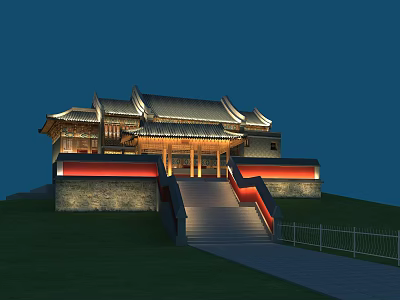 Traditional Ancient Architecture Featuring Overhanging Eaves Illuminated At Night With Stone Steps And Grassland 3d model