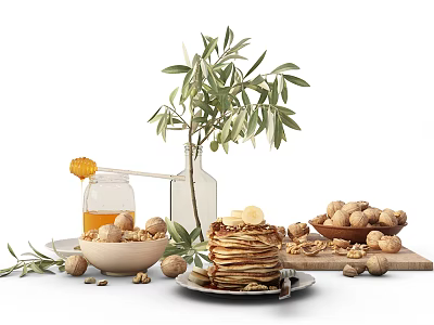 Stack of Fluffy Pancakes with Honey Walnuts and Olive Branch on Plate 3d model