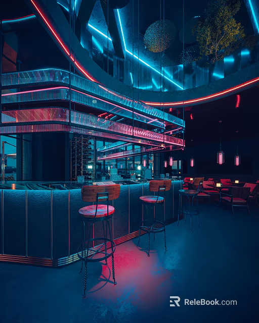 Futuristic Restaurant Interior With Neon Lights Bar Counter Bar Stools And Seating Area 3d model 