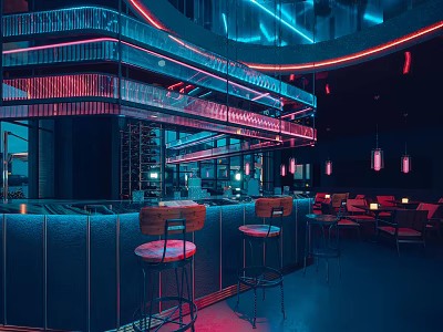 Futuristic Restaurant Interior With Neon Lights Bar Counter Bar Stools And Seating Area 3d model