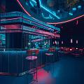 Futuristic Restaurant Interior With Neon Lights Bar Counter Bar Stools And Seating Area
