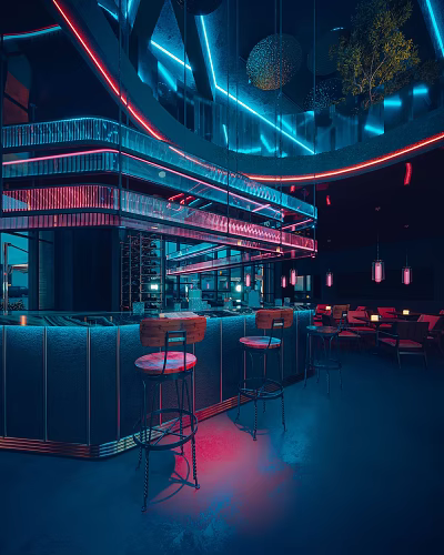 Futuristic Restaurant Interior With Neon Lights Bar Counter Bar Stools And Seating Area 3d model