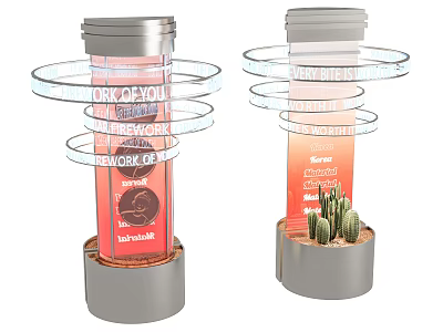 Modern Exhibition Hall Sculptural Columns With Transparent Circular Rings Text Display And Potted Cactus 3d model