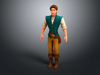 3D Male Character Wearing Green Vest White Shirt Brown Pants Boots with Belt and Pouch 3d model