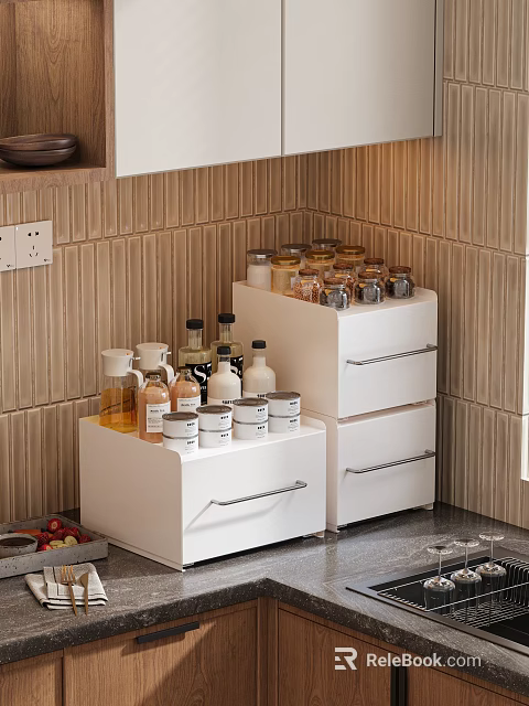 White Kitchen Cabinets With Drawers For Storing Jars And Bottles 3d model 
