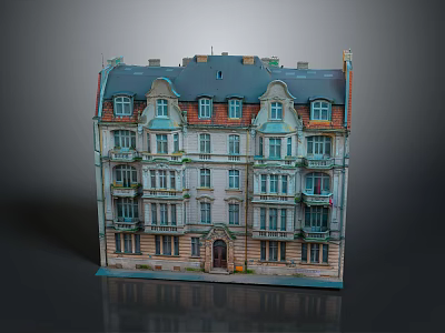 European Style Multi Story Building with Classic Windows Balconies Dark Roof and Ornate Facade 3d model