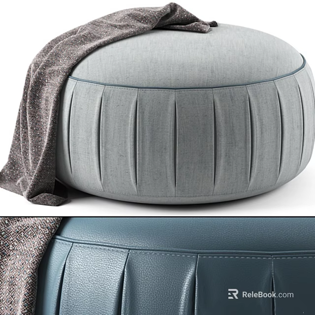 Gray Round Sofa Stool With Pleated Fabric Design And Soft Blanket Decoration 3d model 