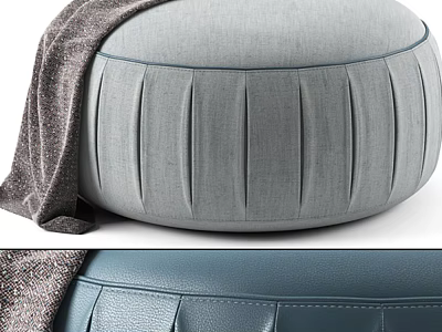 Gray Round Sofa Stool With Pleated Fabric Design And Soft Blanket Decoration 3d model