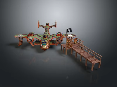 Vintage Pirate Aircraft With Wooden Dock And Jolly Roger Flag Design 3d model