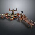 Vintage Pirate Aircraft With Wooden Dock And Jolly Roger Flag Design