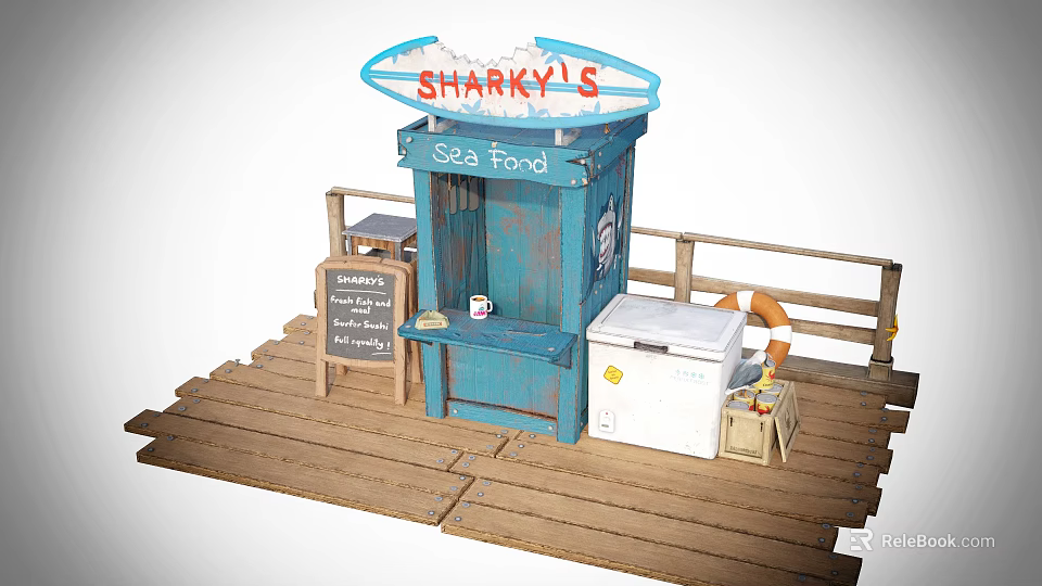 Sharkys Seafood Stand With Blue Kiosk Wooden Platform And Blackboard Menu 3d model 