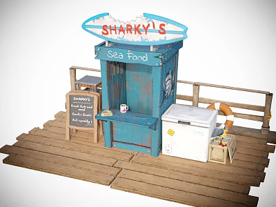 Sharkys Seafood Stand With Blue Kiosk Wooden Platform And Blackboard Menu 3d model