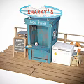 Sharkys Seafood Stand With Blue Kiosk Wooden Platform And Blackboard Menu