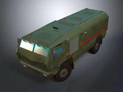 Olive Green Armored Military Vehicle With Multiple Wheels Red Stripes And Roof Cargo Compartment 3d model