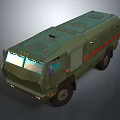 Olive Green Armored Military Vehicle With Multiple Wheels Red Stripes And Roof Cargo Compartment