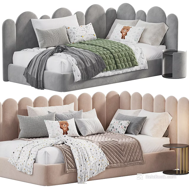 Upholstered Kids' Bed With Scalloped Headboard Soft Color And Decorative Pillows 3d model 