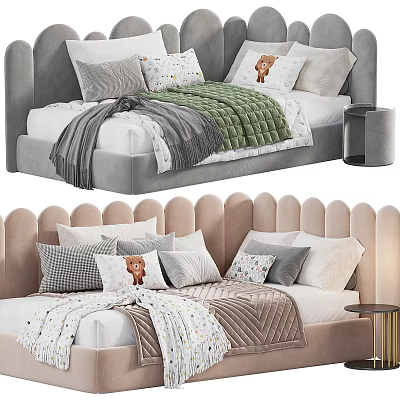 Upholstered Kids' Bed With Scalloped Headboard Soft Color And Decorative Pillows 3d model