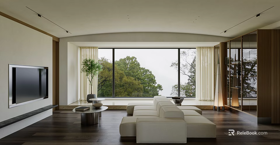 Bright Living Room With White Sofa Large Windows Trees Outside And Wooden Floor 3d model 