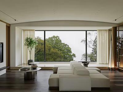 Bright Living Room With White Sofa Large Windows Trees Outside And Wooden Floor 3d model