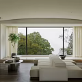 Bright Living Room With White Sofa Large Windows Trees Outside And Wooden Floor