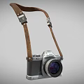 Vintage Digital Camera With Brown Leather Strap And Silver Black Body For Photography