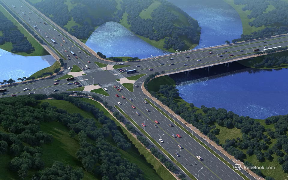 Modern Highway Infrastructure with Bridge Over River and Green Vegetation and Flowing Traffic 3d model 