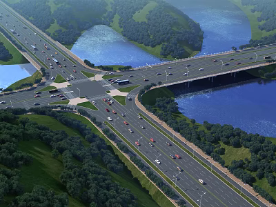 Modern Highway Infrastructure with Bridge Over River and Green Vegetation and Flowing Traffic 3d model