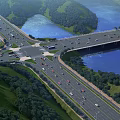 Modern Highway Infrastructure with Bridge Over River and Green Vegetation and Flowing Traffic