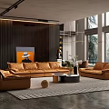 Modern Open Living Dining Space With Brown Sofas And Art Decor 3d model