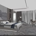Modern Hotel Room Interior With King Bed Work Desk Sofa And Decorative Wall 3d model