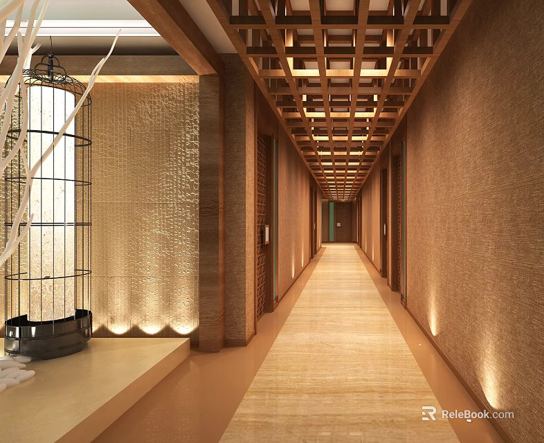 Elevator Corridor With Warm Lighting Wooden Ceiling And Textured Walls 3d model 