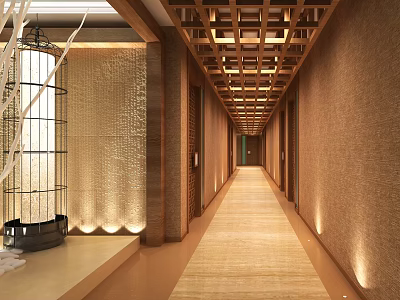 Elevator Corridor With Warm Lighting Wooden Ceiling And Textured Walls 3d model