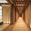 Elevator Corridor With Warm Lighting Wooden Ceiling And Textured Walls