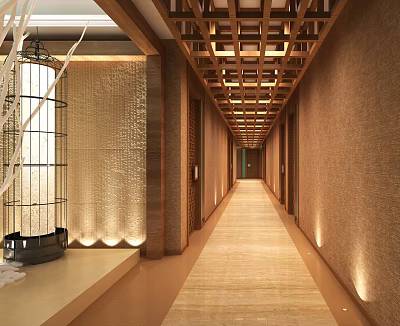 Elevator Corridor With Warm Lighting Wooden Ceiling And Textured Walls 3d model