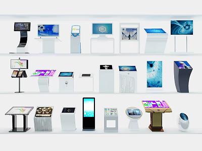 Modern Public Facilities Featuring Interactive Touchscreen Kiosks And Various Display Stands 3d model