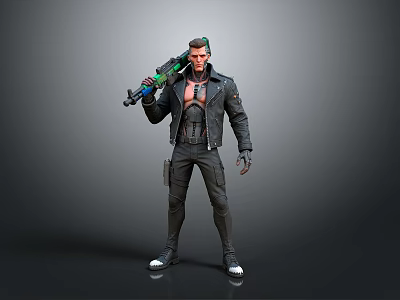 Cyberpunk Male Character In Black Leather Jacket With Futuristic Weapon And Mechanical Arm 3d model