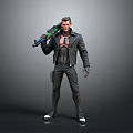 Cyberpunk Male Character In Black Leather Jacket With Futuristic Weapon And Mechanical Arm