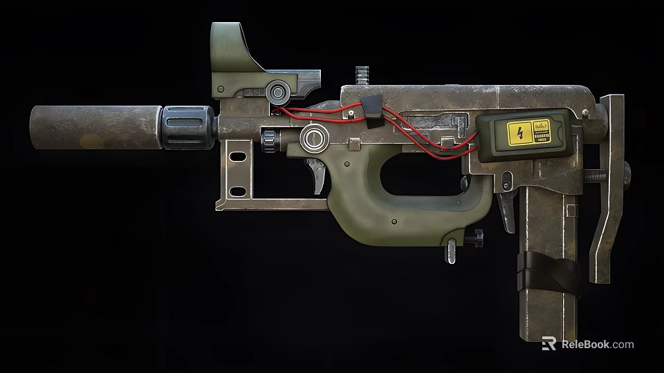 Green Tactical Firearm With Red Wires Yellow Label Metal Parts And Sight 3d model 