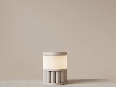 Minimalist Cylindrical Table Lamp with Striped Base White Lampshade on Light Table Against Beige Wall 3d model