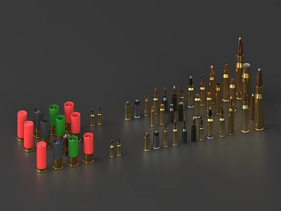 Red Green Black Gold Bullets In Different Sizes Arranged On Gray Background 3d model