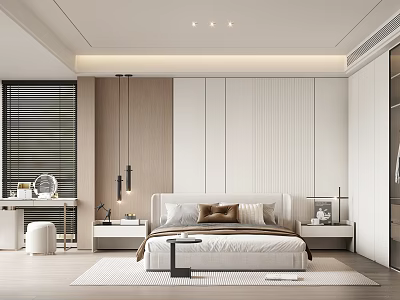 Modern Minimalist Bedroom Interior With Platform Bed Nightstands Blinds Ceiling Lights And Wardrobe 3d model